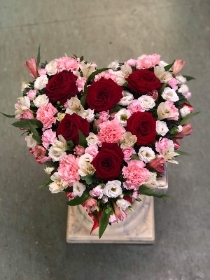 Red rose, soft pink and white heart
